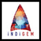 Colorful geometric stone with 'INDIGEM' branding on a white background